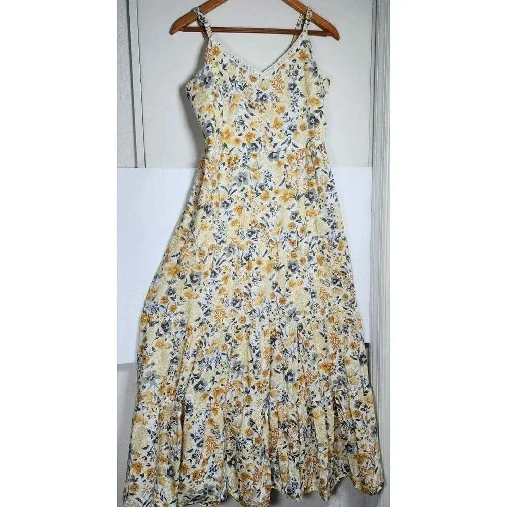 Joie V-neck Maxi Dress Yellow Floral Boho Tiered Impire Cotton Size 10 Women's - Picture 2 of 13